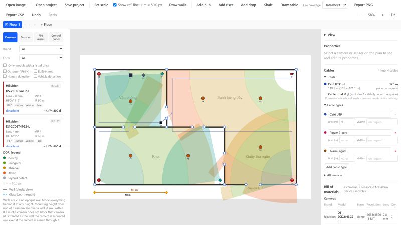 Giao diện Security Layout Planner với mặt bằng mẫu, bốn camera, hai cảm biến PIR và tuyến cáp