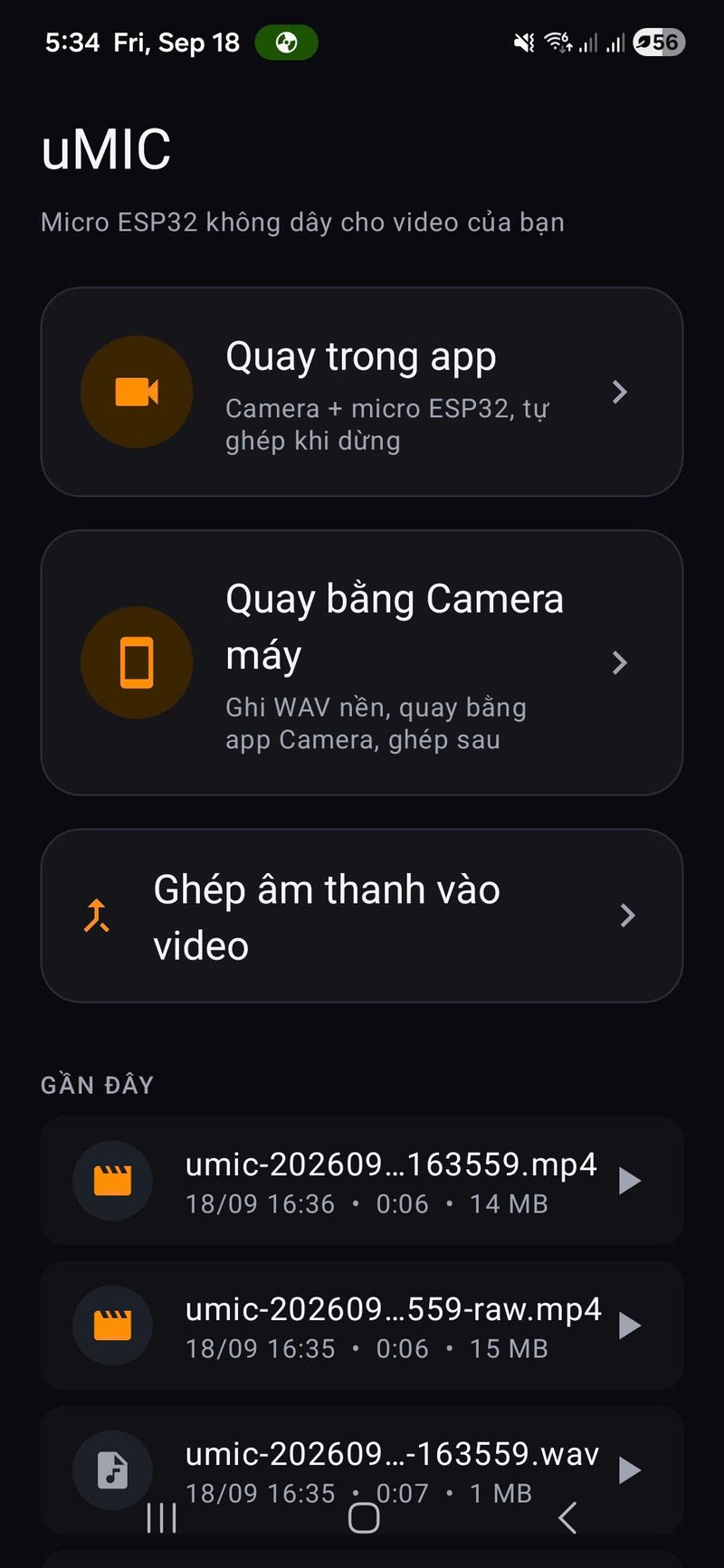 Màn hình chính của app uMIC